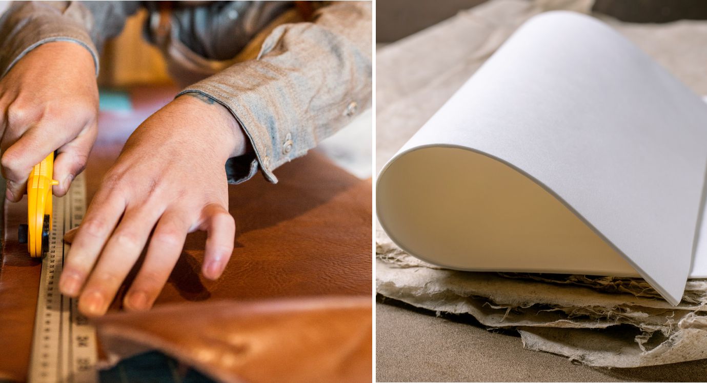 Detail of distressed leather and cotton paper